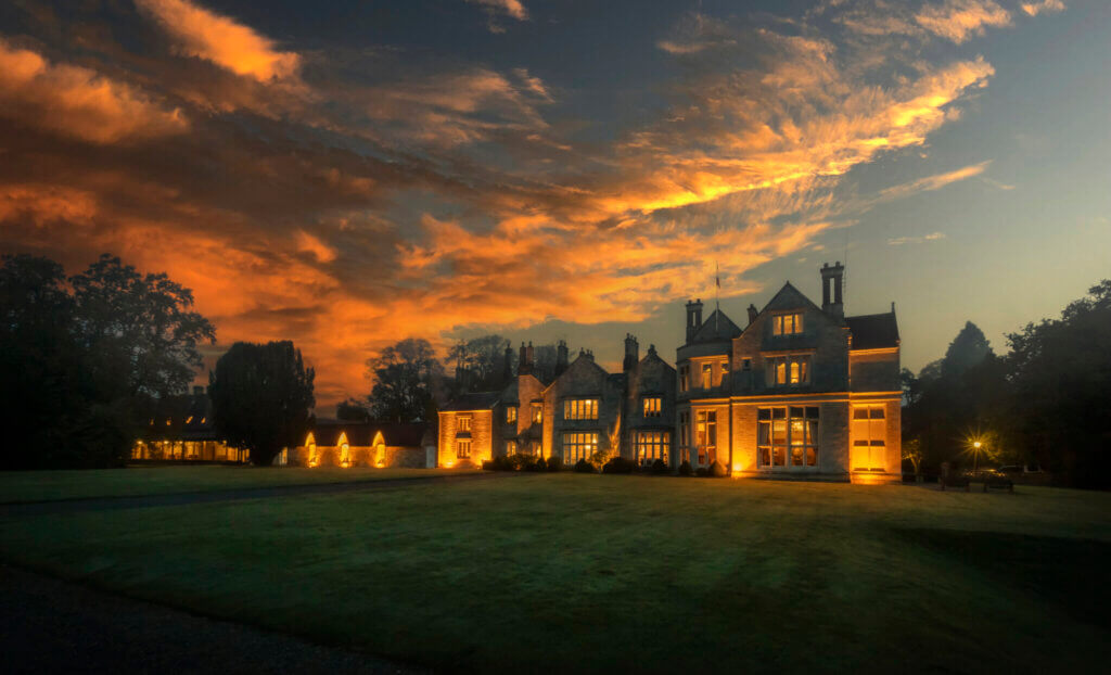 Stunning golden sunset over the Lough Rynn Castle Estate, lit up with light at twilight